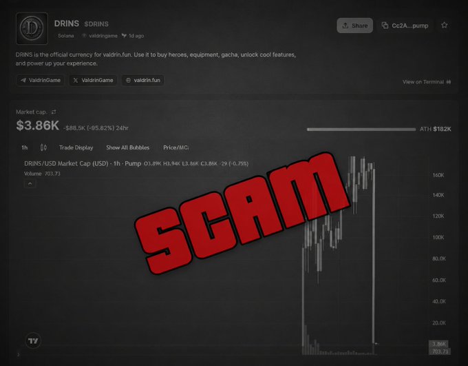The image shows a cryptocurrency price chart for the token $DRINS (Valdrin Game) on Solana, which shows a massive price collapse from a peak to a market cap of only $3.86K. A large red "SCAM" stamp is overlaid on the chart, visually reinforcing the post's warning about "rug pulls" and fraudulent projects.