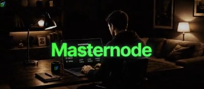 A dimly lit image showing a person working at a desk with a laptop, overlaid with the bright green text 'Masternode'.