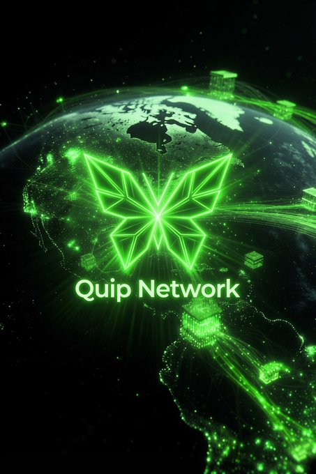 A digital graphic features a glowing green geometric butterfly logo and the text "Quip Network" superimposed over a stylized globe with interconnected nodes.