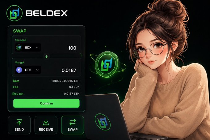 An illustration of a bespectacled woman with a bun hairstyle sitting by a laptop, alongside a BELDEX swap interface showing 100 BDX being exchanged for 0.0187 ETH.