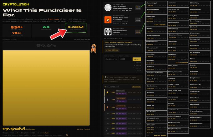 Screenshot of the 'CRYPTOLUTION' fundraiser page showing 2.08M BOGO raised (highlighted with a red arrow) at 89.6% progress toward the 20,000,000 BOGO goal, alongside a leaderboard of contributors.