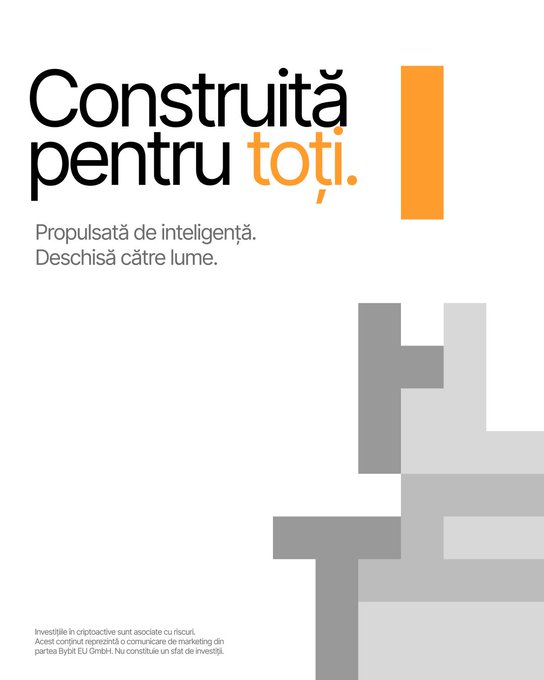 An advertisement with Romanian text reading "Construită pentru toți. Propulsată de inteligență. Deschisă către lume." featuring a gray geometric design and disclaimer about cryptocurrency risks.