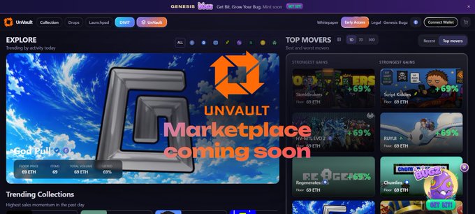 A screenshot of the UnVault NFT marketplace webpage displaying 'EXPLORE' trending items, 'TOP MOVERS' collections, and a large 'UNVAULT Marketplace coming soon!' overlay graphic.