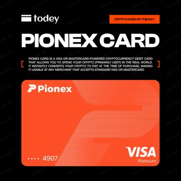 The image features a red PIONEX Card, which is a Visa or Mastercard-powered cryptocurrency debit card. The card allows users to spend their crypto (primarily US dollars) in the real world. The text on the image reads "CRYPTO CARD OF THE DAY - PIONEX Pionex Card" and "Quick look at what @pionex card offers." This suggests that the image is part of a post about PIONEX Cards, which are designed to help users understand how they work and their benefits.