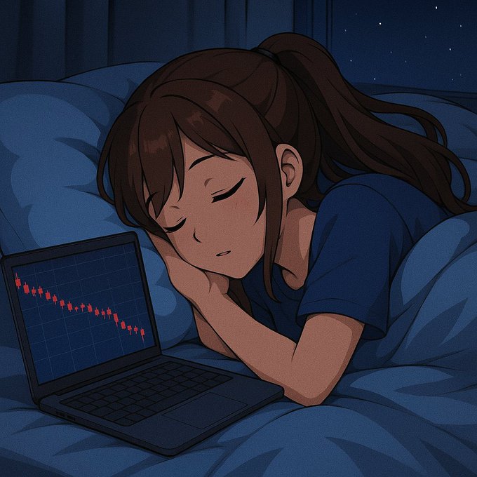 A girl sleeps in bed next to a laptop displaying a red downward-trending chart, symbolizing a rough night of losses while dreaming of recovery with $RIVER.