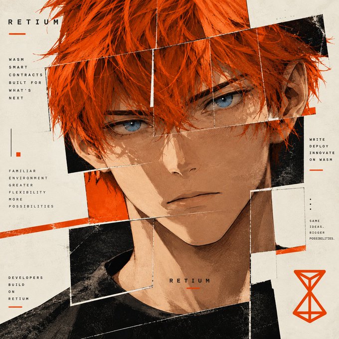Anime-style promotional poster for "RETIUM" featuring an orange-haired character with blue eyes, with text highlighting WASM smart contracts and developer features.