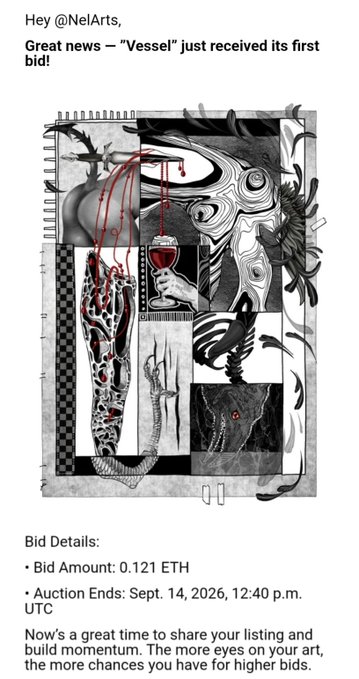 A digital art auction notification featuring a surreal black, white, and red piece titled 'Vessel' with details: Bid Amount 0.121 ETH, Auction Ends Sept. 14, 2026, 12:40 p.m. UTC.