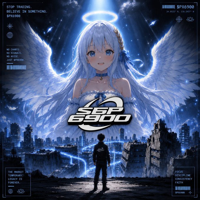 An angelic figure with silver wings and a glowing halo overlooks a ruined cityscape where a lone figure stands facing her, surrounded by the text "STOP TRADING. BELIEVE IN SOMETHING. $PX6900" and "NO CHARTS. NO SIGNALS. NO NOISE. JUST $PX6900," with the post framing this imagery as a satirical response to the overwhelming memecoin casino culture, positioning $PX6900 as a faith-based alternative to endless speculation.