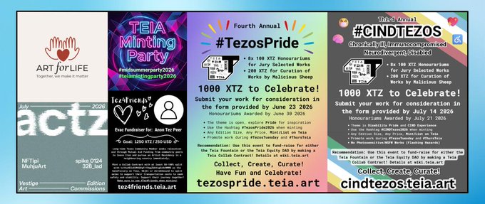 A collage of five promotional graphics for Tezos-based open call events and initiatives, including "ART for LIFE," "TEIA Minting Party," "#TezosPride," "tez4friends," and "#CINDTEZOS," each advertising XTZ prizes ranging from 100 to 1,250 XTZ for NFT submissions with deadlines in 2026. The image visually supports the accompanying post by showcasing the variety of community calls to action on Tezos that the "Gem of the Week" aims to highlight.