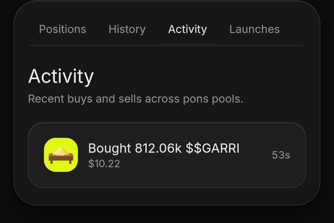 A dark-themed Activity panel showing a recent purchase of 812.06k $GARRI for $10.22, 53 seconds ago, demonstrating the memecoin buy-and-hold step in the $GARRI airdrop strategy described in the post.