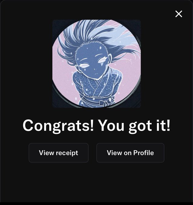 A 'Congrats! You got it!' confirmation screen displaying a circular NFT artwork of an anime-style character in blue traditional clothing, with options to 'View receipt' or 'View on Profile'.