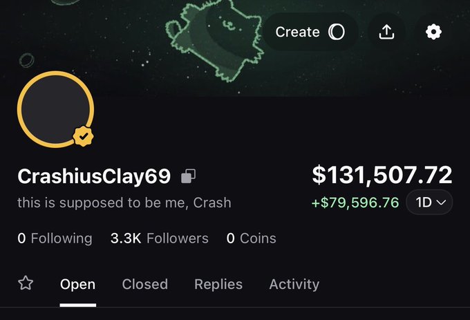 A screenshot of a profile for "CrashiusClay69," self-described as "this is supposed to be me, Crash," showing a portfolio value of $131,507.72 with a $79,596.76 gain in the past day and 3.3K followers—visually backing up the post's praise of Crash as a trustworthy trader worth following for buy-and-hold strategies.