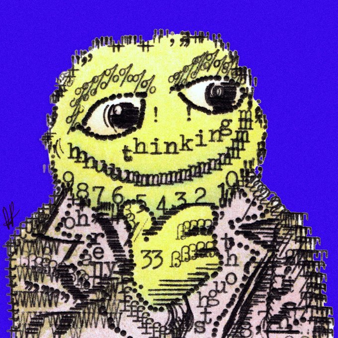 A stylized, chaotic illustration of a yellow figure with large eyes against a purple background, filled with scattered letters, numbers, and symbols, with the word 'thinkin' visible on the face.