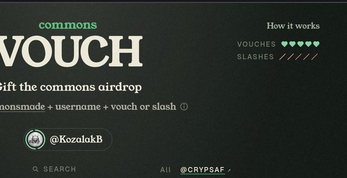 A dark-themed web interface for 'commons VOUCH' displaying instructions to gift the airdrop, with search fields for usernames like '@KozalakB' and '@CRYPSAF'.
