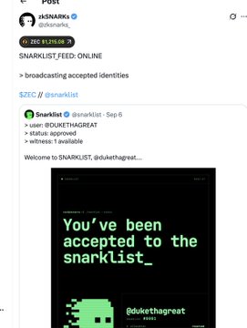 A post by zKSNARKs announces their @Snarklist, with text stating 'SNARKLIST_FEED: ONLINE' and 'broadcasting accepted identities,' featuring a graphic that reads 'You've been accepted to the snarklist_'.