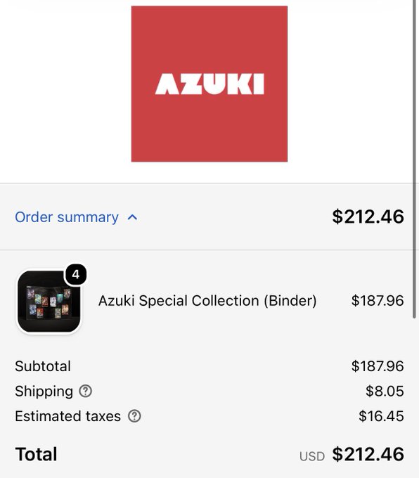 A screenshot of an order summary from Azuki showing a $212.46 USD purchase of the "Azuki Special Collection (Binder)" item priced at $187.96, with $8.05 shipping and $16.45 in estimated taxes. The image supports the post's praise of Azuki as a "class" and "prefect" drop by showing a successful purchase order.