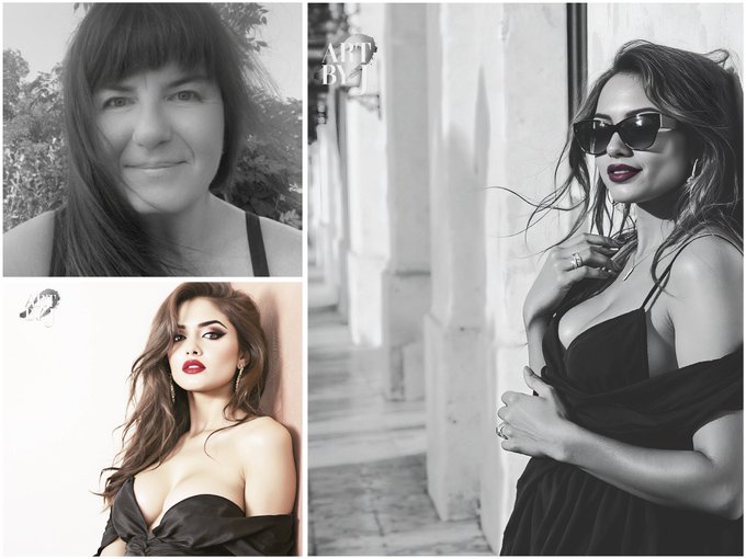 A black-and-white photo collage featuring three images of women, including a portrait of a smiling woman with long dark hair and a glamour shot of a woman with red lipstick and sunglasses, with an 'ART BY J' watermark.