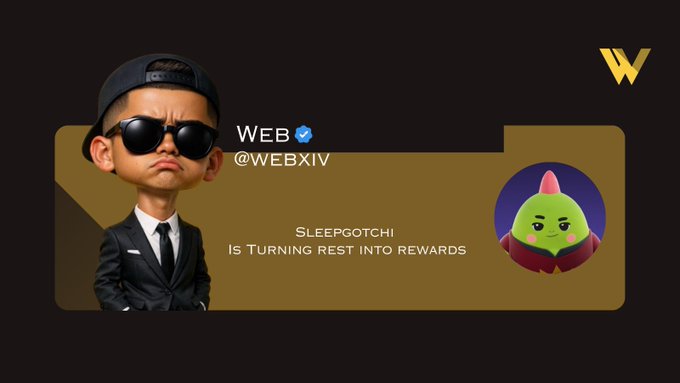 The image features two characters, a man in a suit and tie (#WEB98IV) and another character named Sleeppotchi (a green cartoon), both wearing sunglasses. They are positioned against a black background. On this same background, there is a text box that starts with the phrase "Time to wake up!", implying it's about time for someone to join an event or take action. The rest of the post provides details on how to join and what rewards can be gained from participating in the event. This image captures the essence of the #WEB98IV character, Sleeppotchi, who is in the process of transforming into a sleep-inspired robot, seeking recognition for his efforts.