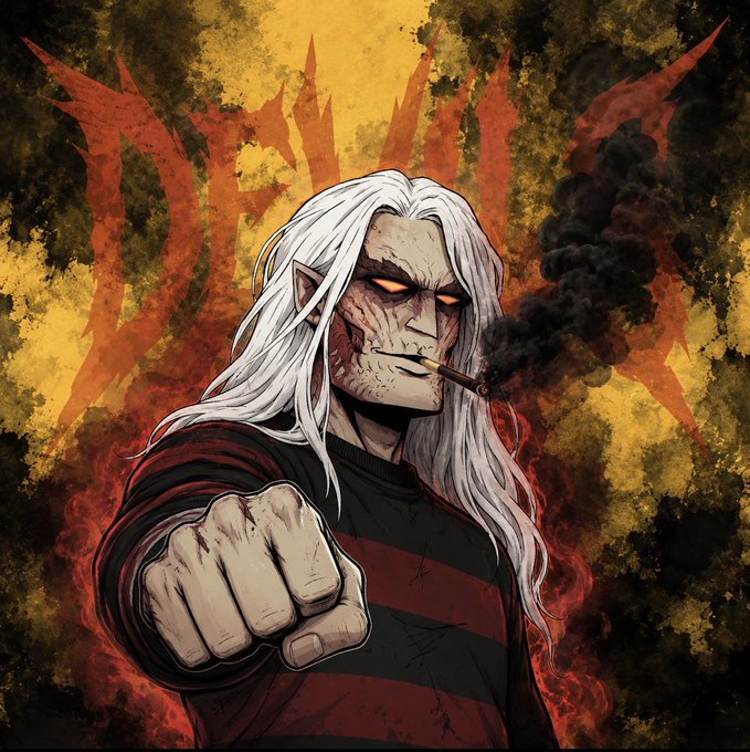 The image features a man with long white hair wearing a striped shirt and holding a cigarette while making a fist gesture. The background of the image is black, with orange flames coming out from the top right corner. The caption at the bottom of the image reads "Good morning, Wishing you a very fat wallet today @DevilsSOL666".