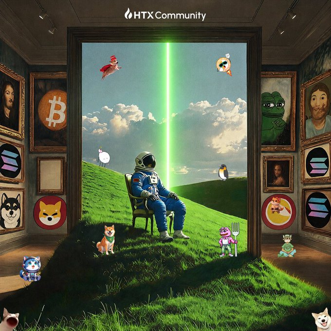 An astronaut sits in a green field framed by a doorway, gazing up at a vertical green beam splitting the sky, surrounded by meme figures like Doge, Shiba Inu, Pepe, and Bitcoin imagery, with "HTX Community" displayed at the top. The "green" visuals—a grassy landscape, green beam, and green frog/bull elements—visually echo the post's message of "absolute green potential" for the new month, while the astronaut stepping out of the frame mirrors the sentiment of moving forward into a historic July.