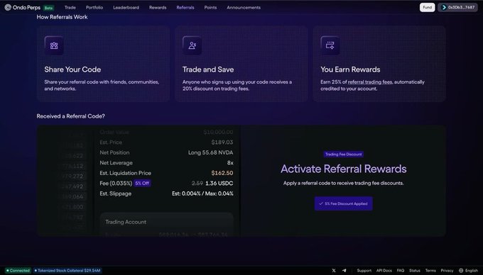 A screenshot of the Ondo Perps platform showing the 'How Referrals Work' page, featuring options to share referral codes, trade and save, and earn rewards, with a trading position for NVDA showing an estimated liquidation price of $162.50.