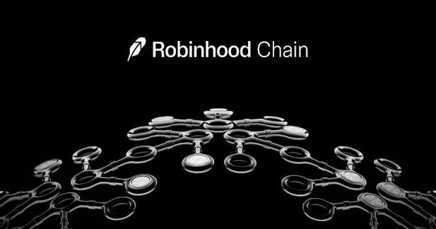 A promotional image for 'Robinhood Chain' with a network of metallic interconnected nodes against a black background.