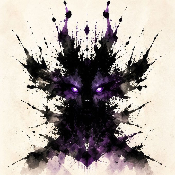 The image features a black and purple skull with purple eyes, giving off an eerie vibe. The skull appears to have been splattered with watercolor paint, adding to its mysterious appearance. The caption of the image reads "INKBLOT GENETICS SPOTS GIVEAWAY Supply:  200, MP: 0.009 ETH To enter:  • Follow me & @InkgeneticsNFT Like + RT this post + FCFS". This message suggests that there is a contest for inkblot genetics spots and the winner will be announced in a few hours.