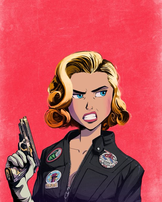 A comic-style illustration of a blonde woman with an angry expression, wearing a black leather jacket covered in patches (including one reading 'AT-4' and another reading 'FRUIT G'), and holding a silver handgun against a solid red background.