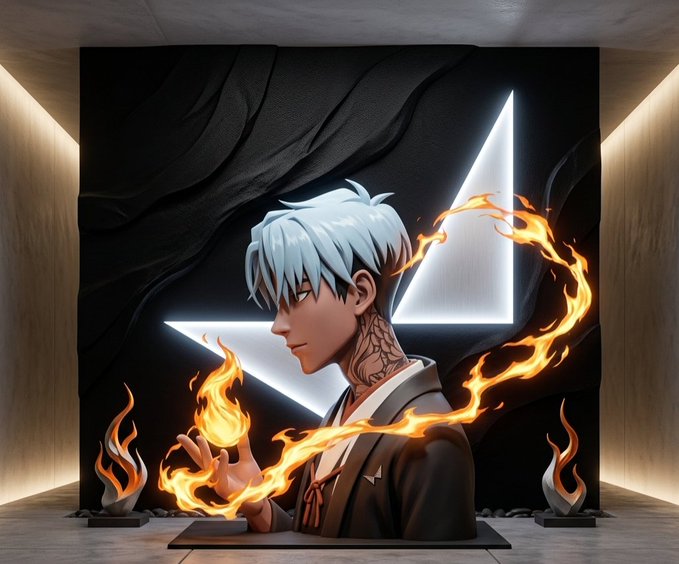 Anime-style illustration of a silver-haired character manipulating flames in front of a glowing triangular symbol.