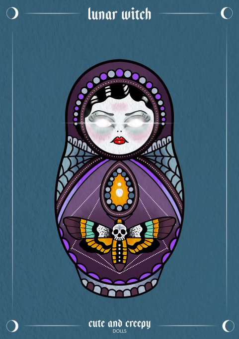 An illustration of a 'lunar witch' matryoshka doll with closed eyes, a purple headscarf, and a moth-skull design on its belly, labeled 'cute and creepy DOLLS' at the bottom.
