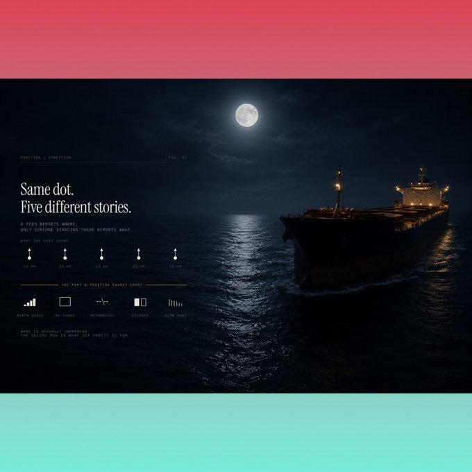 A cargo ship sits under a full moon, accompanied by the text "Same dot. Five different stories" and AIS data showing a vessel stationary at $52.63, illustrating how the same plotted position can mask vastly different realities—merits queueing, no cargo, mechanical issues, disputes, or slow port—revealing limitations of AIS tracking in understanding actual maritime conditions.