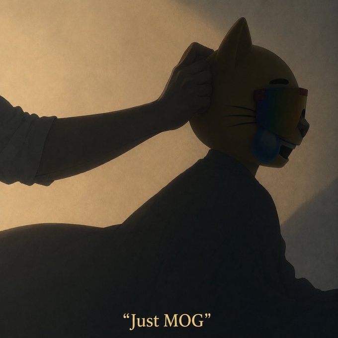 A dimly lit, moody illustration shows a silhouetted figure from behind as a hand grips and twists a yellow cat-like cartoon head wearing rainbow sunglasses; the caption "Just MOG" appears at the bottom.