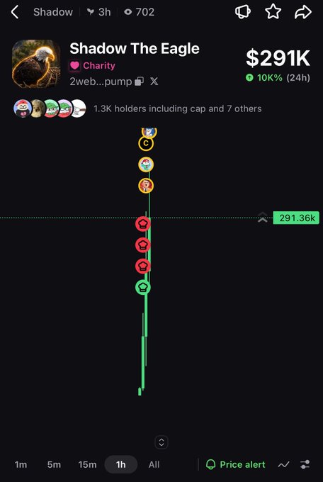 A cryptocurrency tracking app screen showing "Shadow The Eagle" token at $291K (up 10% in 24h) tagged as Charity, with 1.3K holders and a candlestick chart currently at 291.36K.