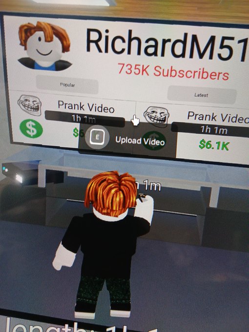 A Roblox avatar looking at a YouTube channel page for 'RichardM51' with 735K subscribers, showing prank videos earning $6.1K.