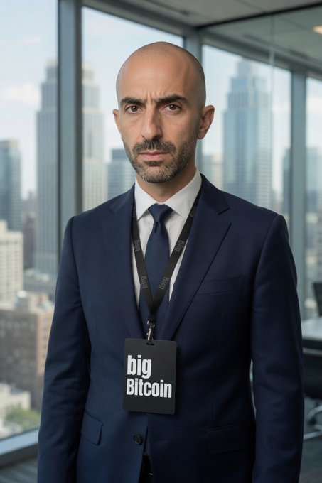 A bald man in a navy blue suit and tie wearing a 'big Bitcoin' lanyard badge, standing in a high-rise office with a city skyline visible through the windows behind him.