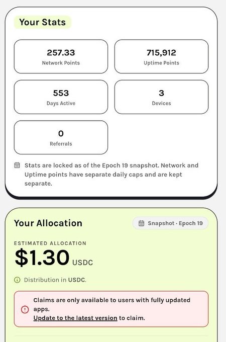 Mobile app stats screen showing 'Your Stats' with 257.33 Network Points, 715,912 Uptime Points, 553 Days Active, and 3 Devices, plus an estimated allocation of $1.30 USDC.
