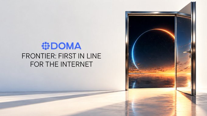 The image features the DOMA logo with the tagline "FRONTIER: FIRST IN LINE FOR THE INTERNET," displayed beside an open door revealing a cosmic view of Earth from space, symbolizing access to a new digital frontier. This visual metaphor aligns with the post's promotion of Frontier Points and priority access for future ICANN domain names like .agent, .sol, and .hype, positioning DOMA as the gateway to the next internet landrush.