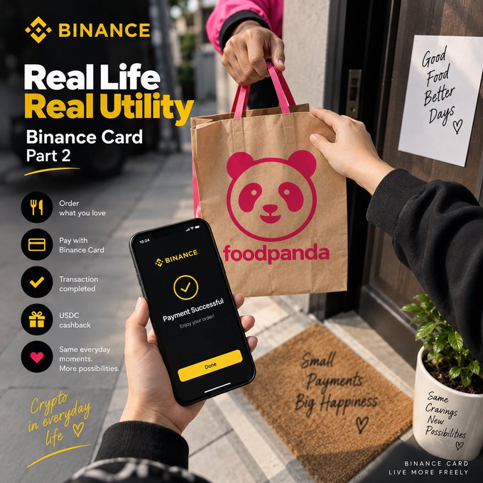 A hand holds a smartphone displaying a Binance "Payment Successful" screen while receiving a Foodpanda delivery bag, alongside promotional text for the "Binance Card Part 2" highlighting USDC cashback and everyday crypto utility—visually reinforcing the post's message about seamlessly using the Binance Card for a routine food order in Pakistan.
