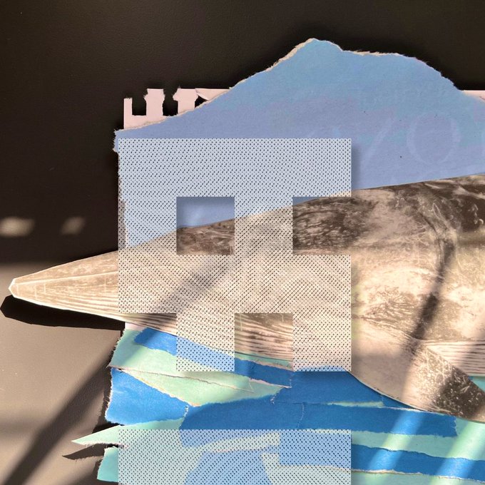 A collage artwork features overlapping torn paper elements in shades of blue, beige, and black, with a central dotted pattern overlay creating geometric window-like shapes.