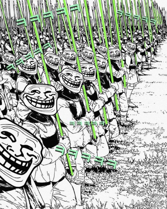 A black and white illustration of a group of people wearing grinning troll face masks, modified with green digital glitch lines running through them.
