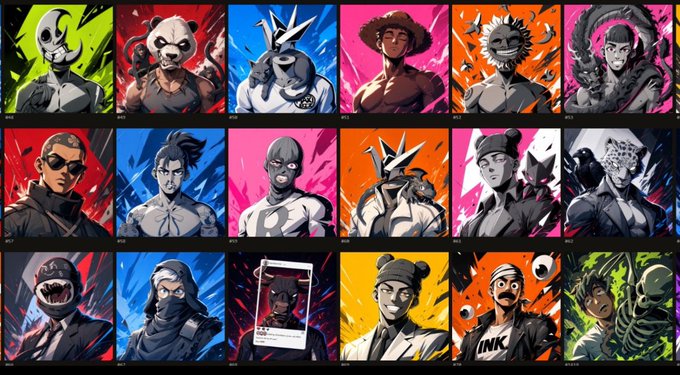 A grid of 18 colorful NFT character portraits featuring various anime-style heroes, villains, and creatures including a skeleton, panda, shark-man, and multiple masked fighters with numbers like #34, #143, #35, #126, #18, #792, #150, #51, #115, #100, #424, #439, #111, #147, and #141.