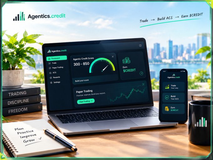 A promotional image for "Agentics.credit" showing a laptop and phone with the platform's dashboard, featuring the text "Trade → Build ACS → Earn $CREDIT" and "Plan Practice Improve Grow ✓".