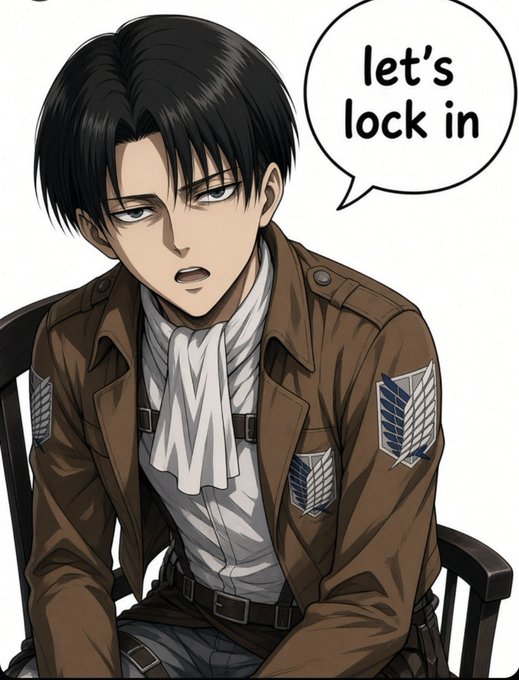 An anime-style illustration of Levi Ackerman from Attack on Titan sits in a chair wearing his Survey Corps uniform with a speech bubble saying 'let's lock in'.
