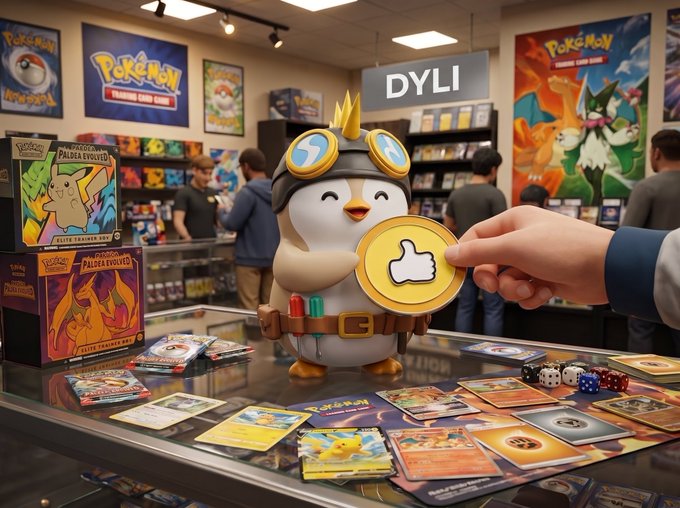 A Pokémon Trading Card Game store display featuring penguin-themed merchandise and booster packs, with a hand holding a gold 'thumbs up' token in the foreground and 'DYLI' signage visible.