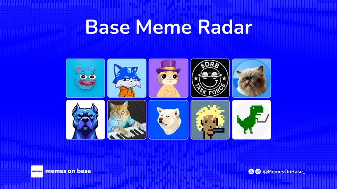 A blue graphic titled "Base Meme Radar" displays a grid of 10 meme token icons including cats, dogs, a pixelated character, a dinosaur, and a "SDRS TASK FORCE" badge, with "@MemesOnBase" credited in the corner.

The image serves as a visual dashboard summarizing the accompanying post's rankings, pairing each ticker's branding icon (Brett's blue dog, Toshi's cat in a top hat, Degen's logo, etc.) with its market role as "volume king," "face of base," and "strongest community."