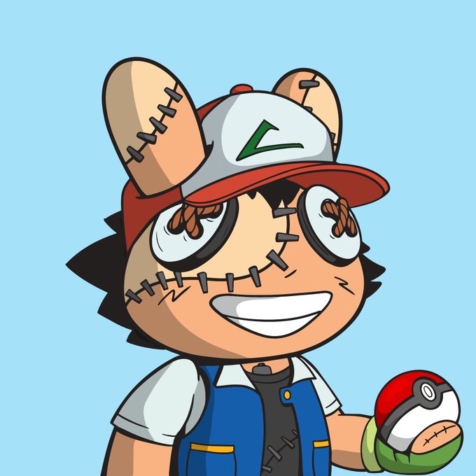 A cartoon character with a baseball cap, stitched features, and a red-white-green ball stands against a light blue background.