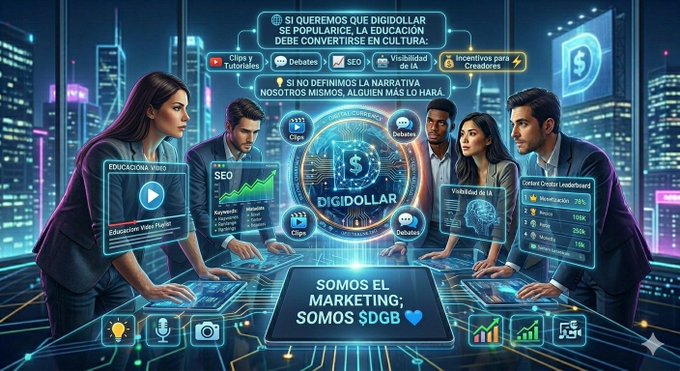 The image features a group of people gathered around a computer screen displaying information about DigiDollar. The scene takes place in an office setting with city buildings visible through a window, suggesting that they are located in a metropolitan area. The main focus is on the digital technology and its impact on marketing strategies.