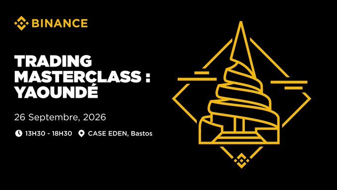 A Binance promotional graphic for a 'Trading Masterclass: Yaoundé' event on September 26, 2026, from 13h30-18h30 at Case Eden, Bastos, featuring a golden stylized building illustration.