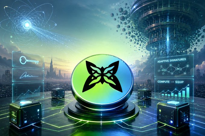 A futuristic digital illustration featuring a green butterfly logo in a glowing sphere, with floating holographic panels showing a key icon, signature, and text reading 'ADAPTIVE SIGNATURES' and 'COMPUTE - SQUIP'.