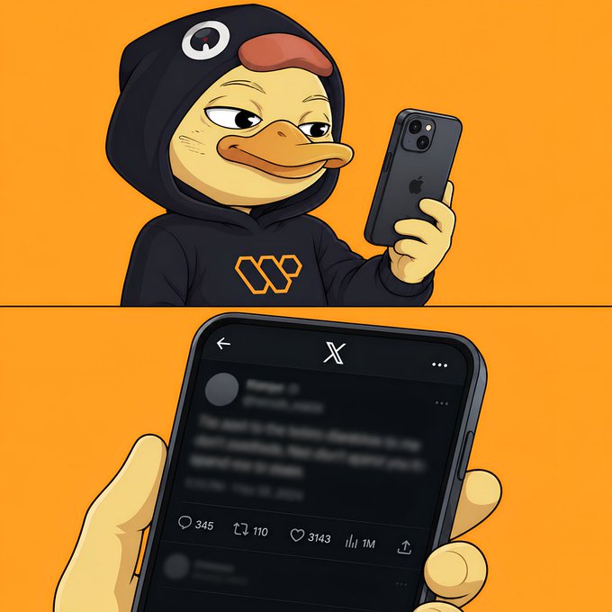 iphone with a black case and orange background, accompanied by a cartoon duck holding it against an orange background.